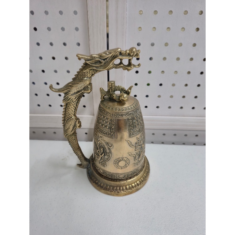 Vintage Brass Dragon Stand Ornate Hanging Temple Bell Asian Decor